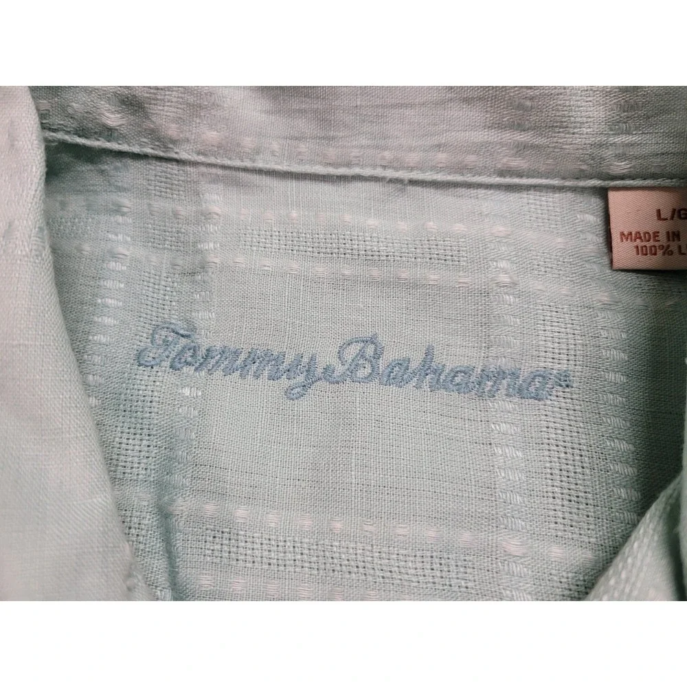 Tommy Bahama Shirt Mens Large Blue Linen Button Up Hawaiian Aloha Camp‎ Tropical